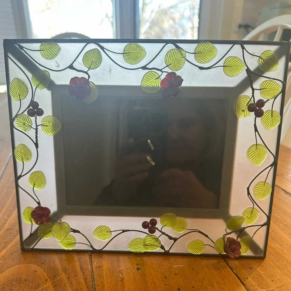 Decorative Glass Photo Frame Set with Green and Red Accents Plus 2 Voltives